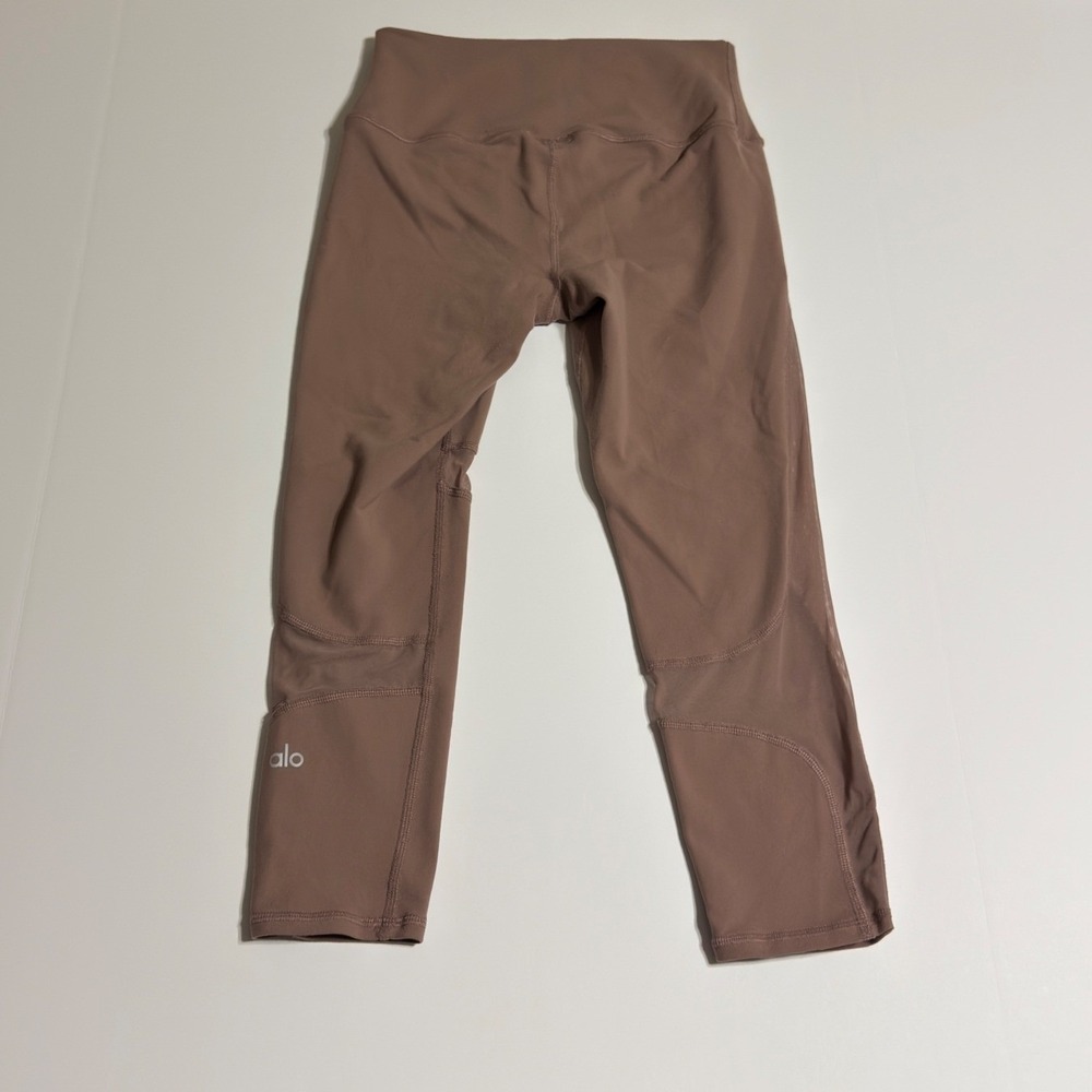 Alo Yoga High Waist Mesh Panel Leggings Mauve Brown Crop Tights - Picture 2 of 5